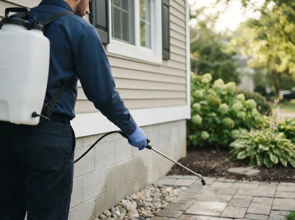 Pest control technician inspecting a home in White Pigeon, MI